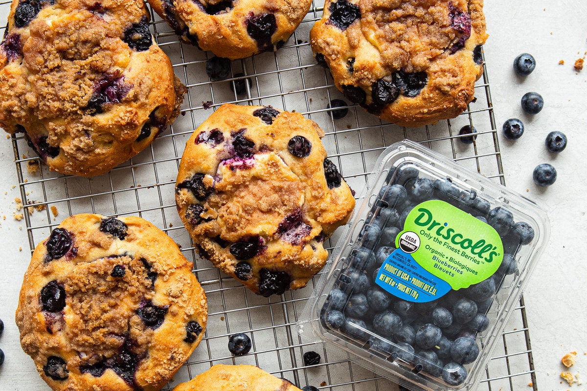 Blueberry muffin tops on a cooling rack with blueberries scattered throughout the image. A Driscoll's organic blueberry clamshell is also sitting on the cooling rack. 