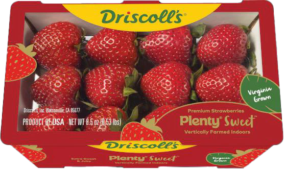 Driscoll's Plenty Sweet strawberry package featuring fresh Virginia-grown berries from indoor vertical farms