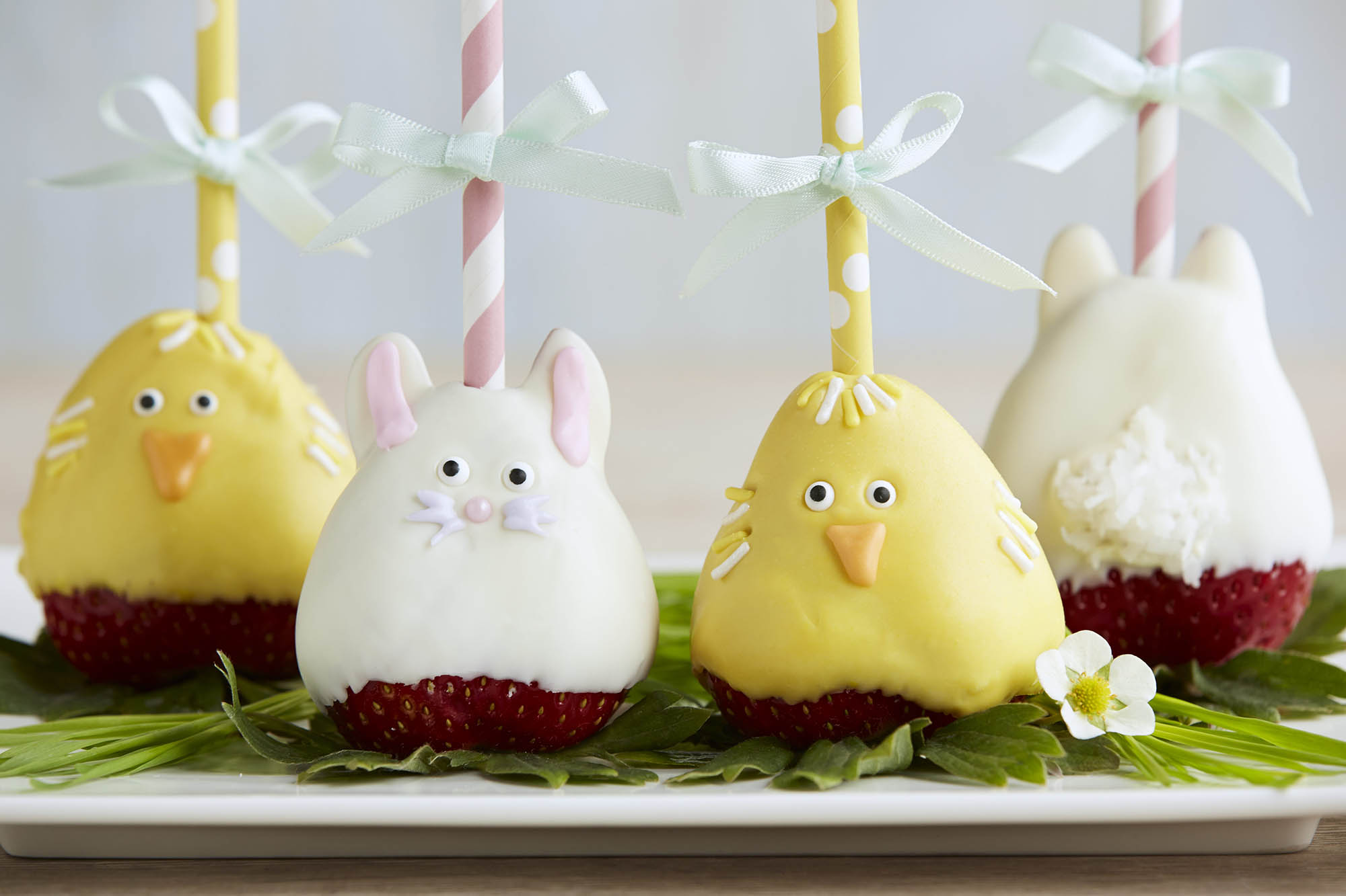 Chocolate covered strawberries that look like chicks and bunnies