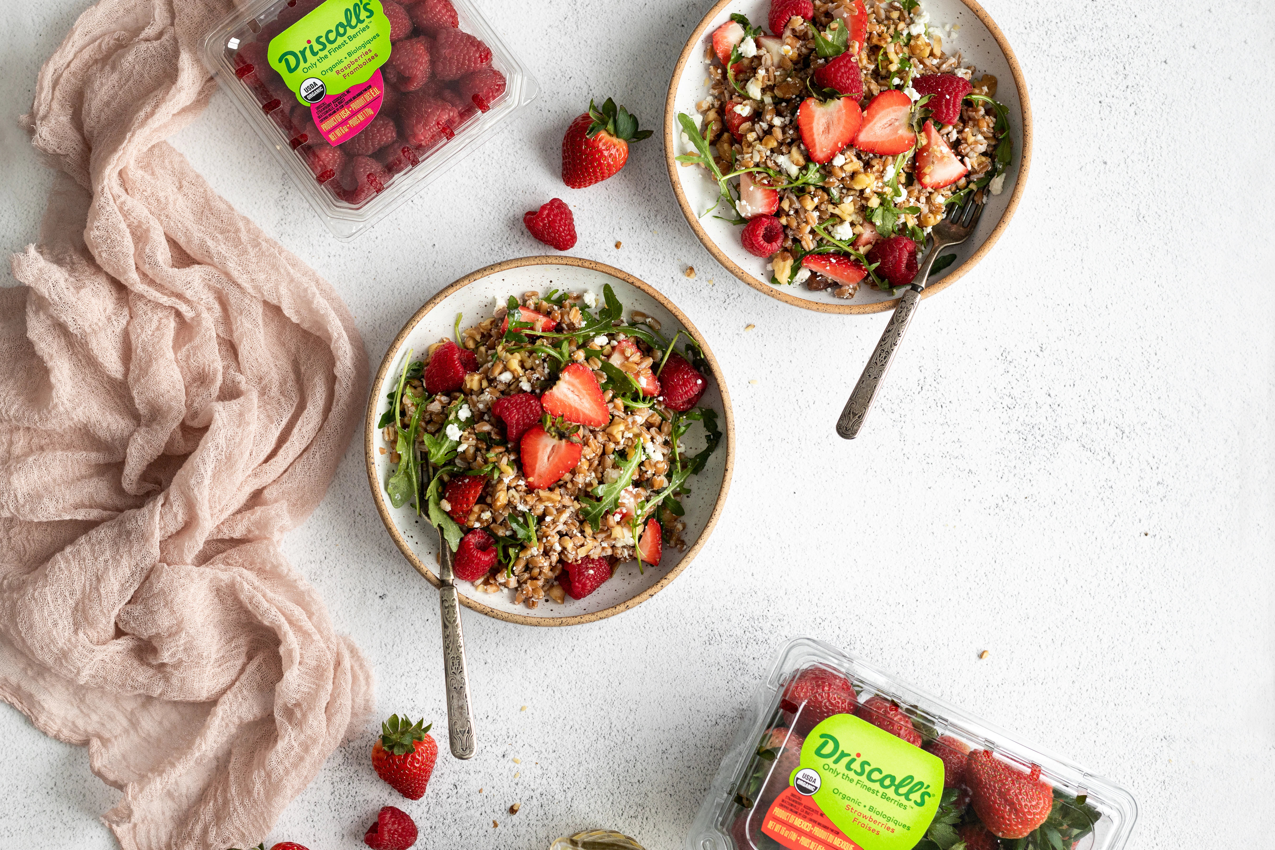 Raspberry Strawberry Farro Salad with Arugula and Goat Cheese