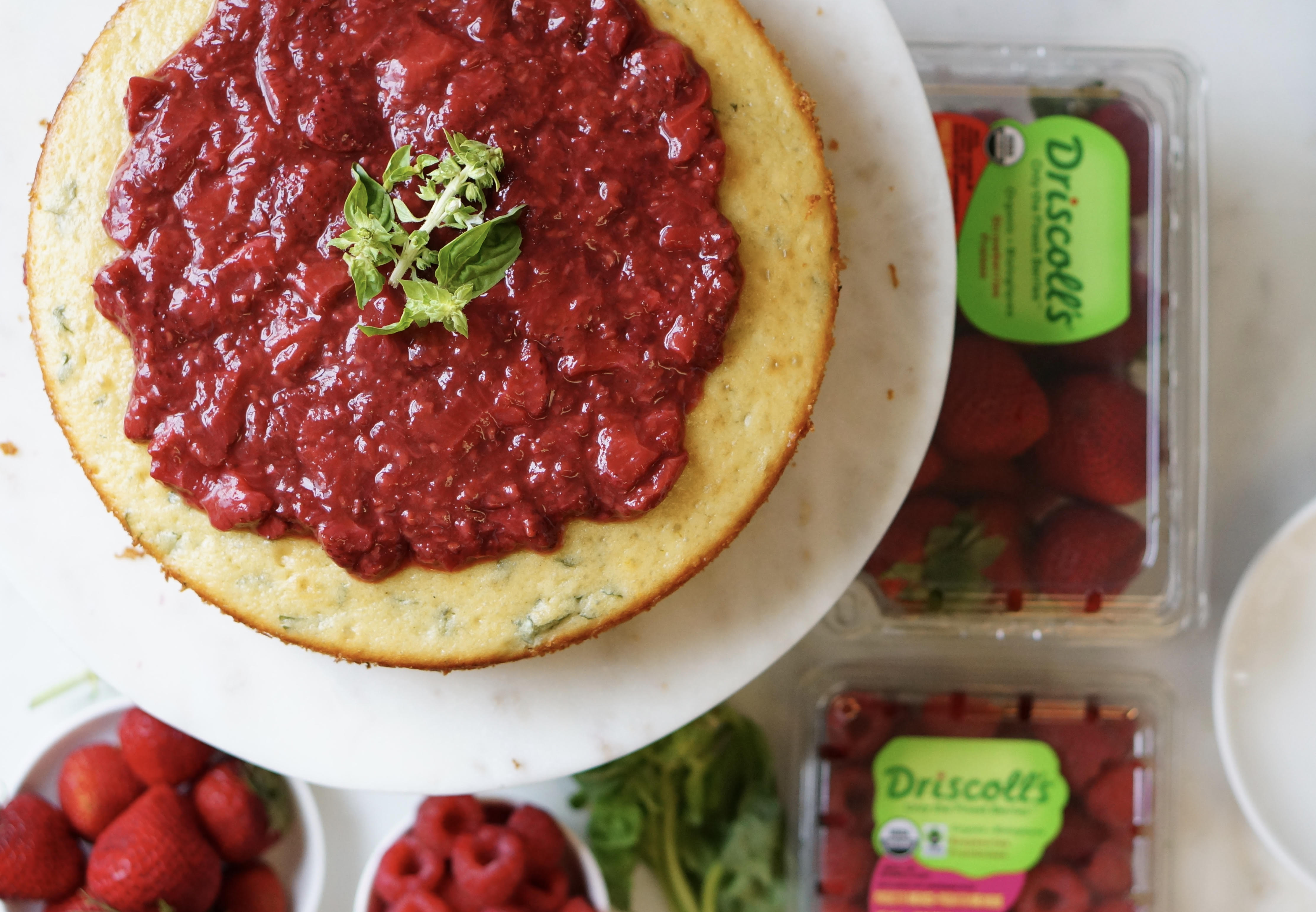 Strawberry and Raspberry Basil Olive Oil Cake