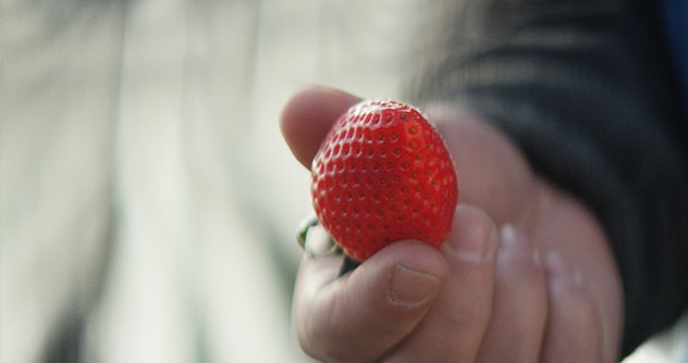 hand holding a strawberry